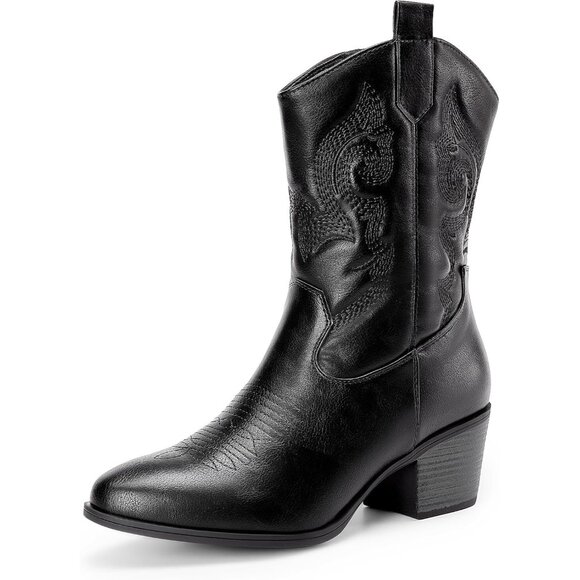 🆕Women All Black Suede leather Embroidered Country Heel Pointed Toe Boot - Picture 4 of 10